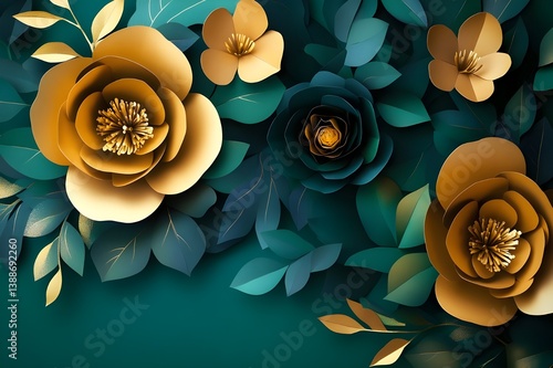 Yellow rose petals and blossoms on wooden and blue backgrounds with floral decoration