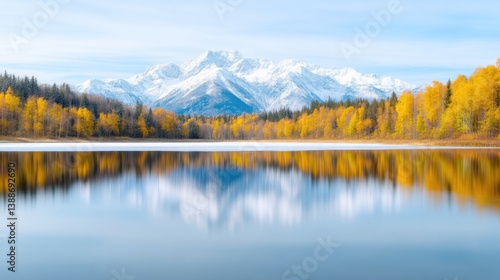 A serene lake reflects snow-capped mountains and autumnal trees. Golden foliage lines the shore, creating a picturesque scene. The image boasts high resolution and sharp detail, with soft natural li