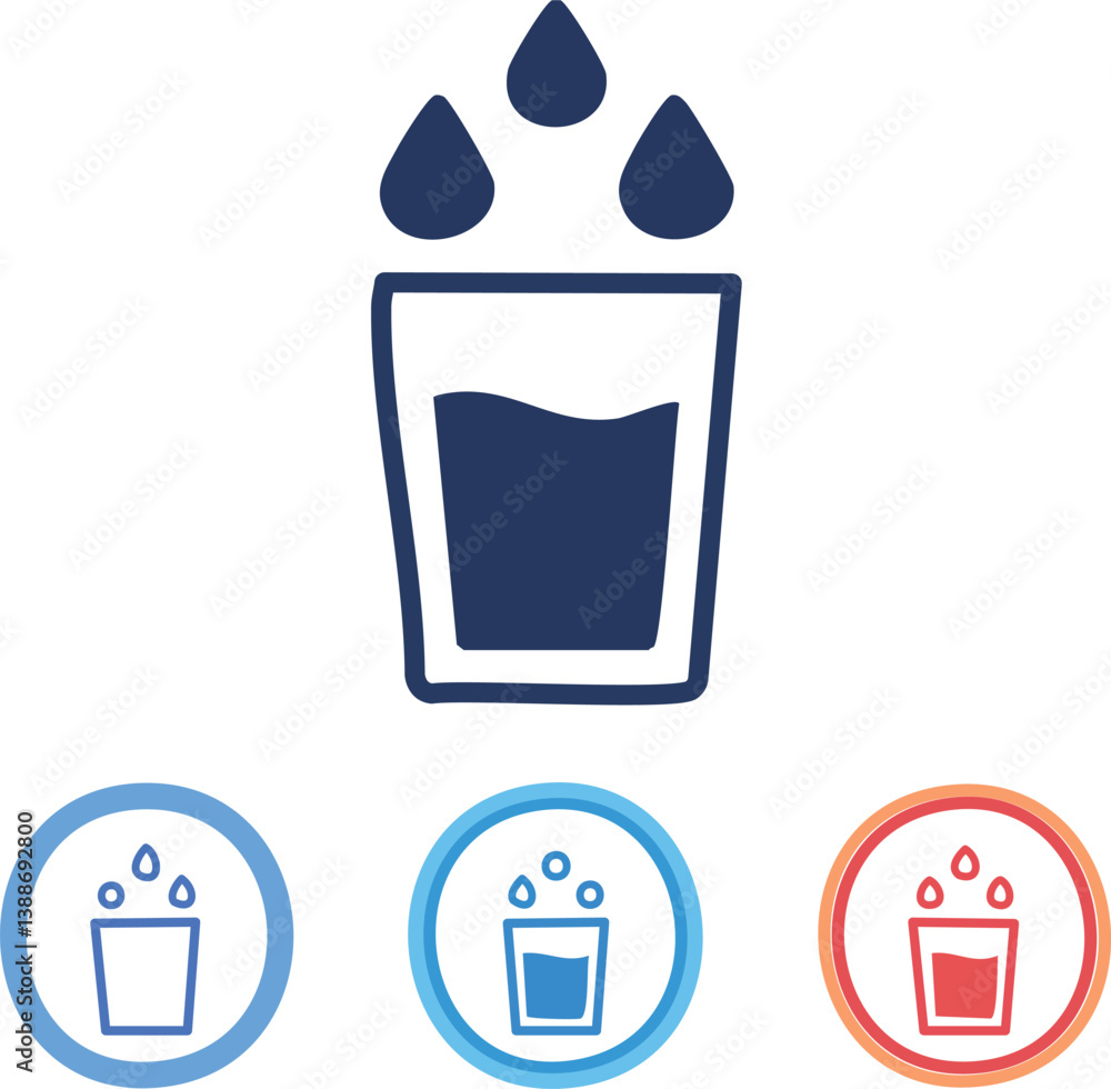 Water line icon set. Rain drops, glass, H2O molecule, purification filter,