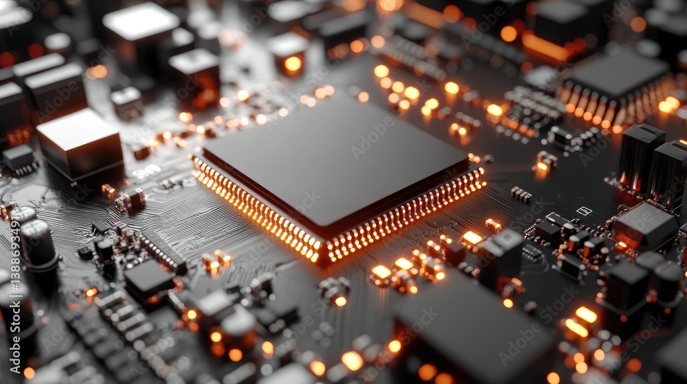 A close up photograph showing an illuminated computer circuit board A close up photograph showing an illuminated computer circuit board
