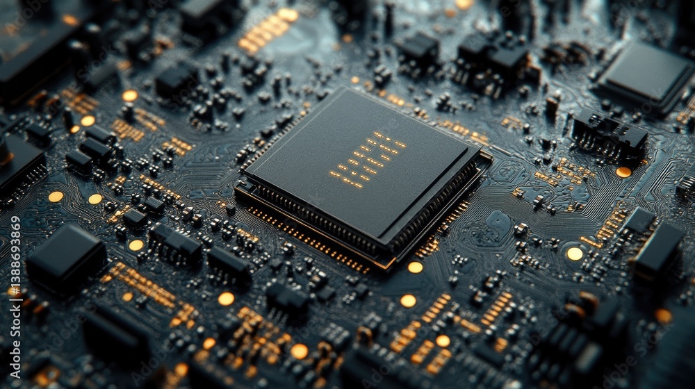 A close up photo of a computer motherboard in focus A close up photo of a computer motherboard in focus