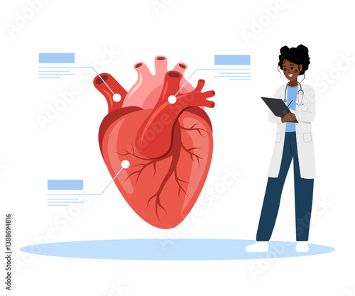 Cardiologist concept. Heart health. African Female doctor examines internal organs. Vector illustration in flat cartoon style.
