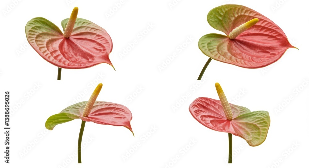 Obraz premium A quartet of anthuriums exhibiting delicate color transitions against white space