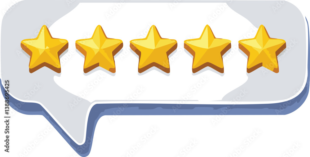 Five star rating, positive feedback 3d style. Customer review with five metallic golden stars in speech