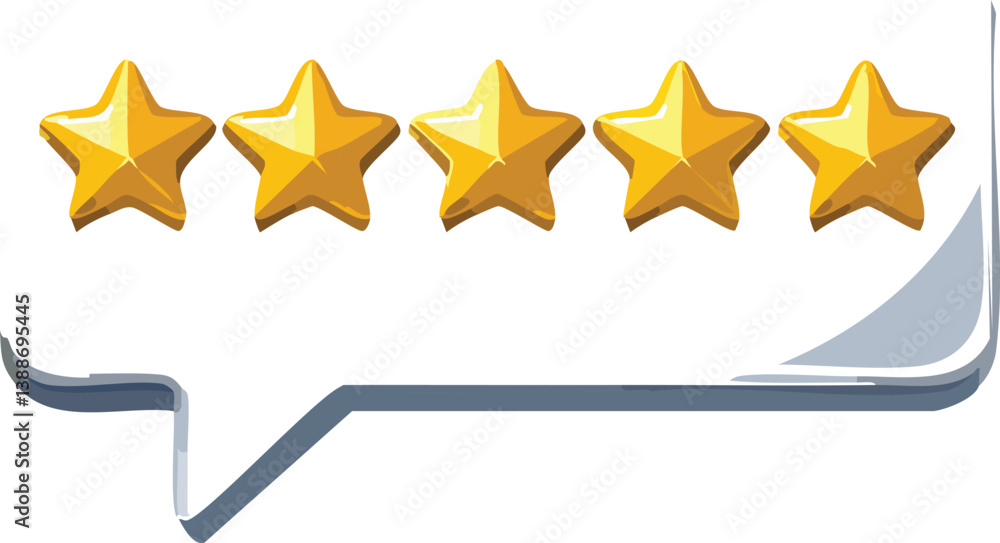 Five star rating, positive feedback 3d style. Customer review with five metallic golden stars in speech