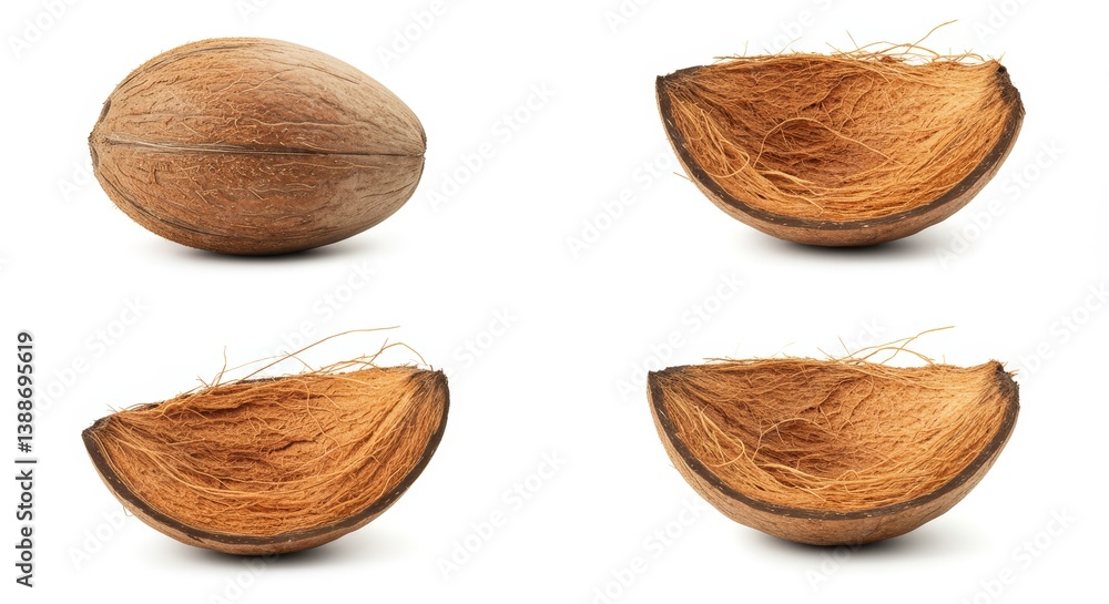 Elegant presentation of whole and halved coconut shells on pure white background Elegant presentation of whole and halved coconut shells on pure white background