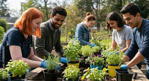 Fototapeta Naklejka Na Ścianę i Meble -  Community Garden Teamwork: Young Adults Planting Herbs and Flowers Together in a Vibrant Outdoor Setting
