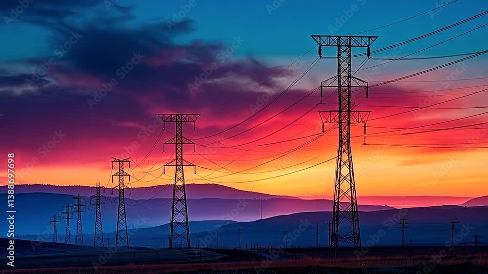 Vibrant Sunset over Power Lines and Rolling Hills Vibrant Sunset over Power Lines and Rolling Hills