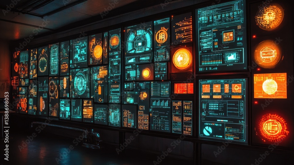 A large wall displaying interactive technological informational screens A large wall displaying interactive technological informational screens