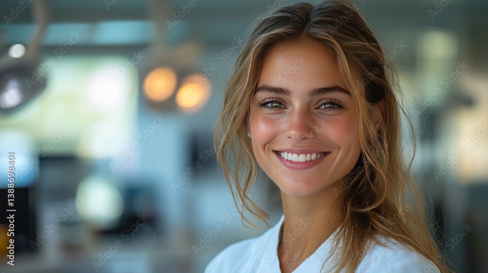 A confident and welcoming female dentist in a stylish dental office, smiling at the camera with professionalism and warmth A confident and welcoming female dentist in a stylish dental office, smiling at the camera with professionalism and warmth