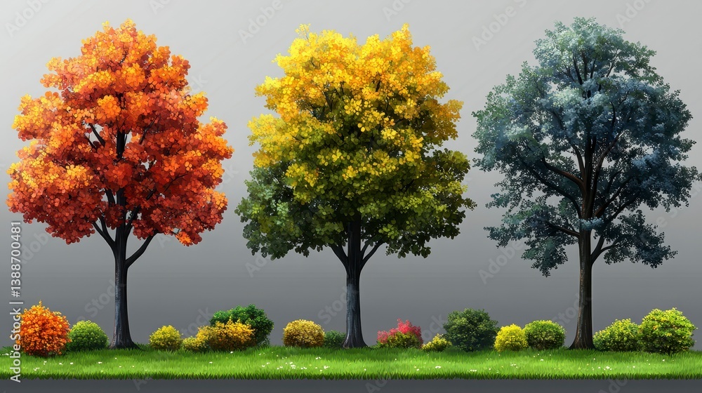 Naklejka premium Colorful trees, autumn foliage, ground bushes, on grass against a gray backdrop