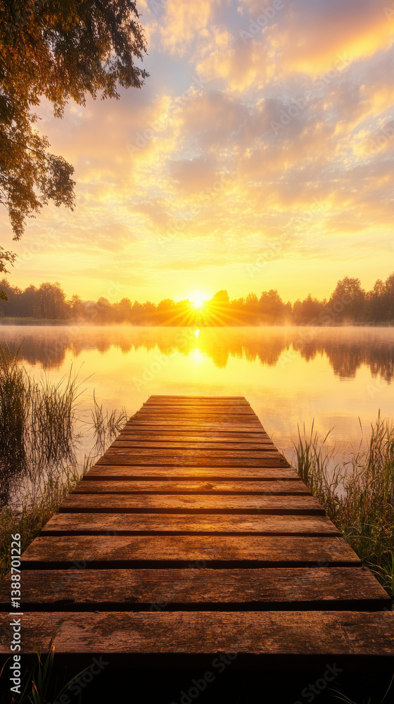 Obraz premium wooden pier extends over tranquil lake at sunrise, creating serene atmosphere