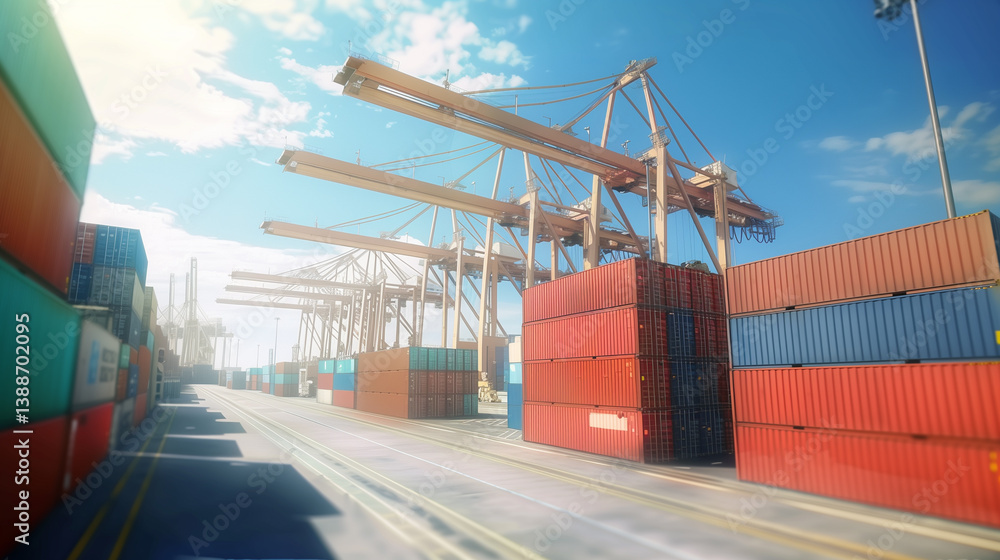 Naklejka premium Stacked shipping containers at port representing global trade and logistics, concept of import export business and international commerce.