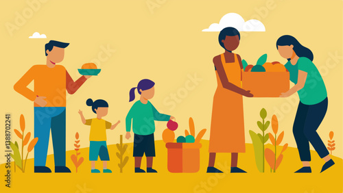 Farm to Waste An depicting a bountiful harvest of crops being discarded in a field while nearby a family stands in line for small handouts of various foods from a