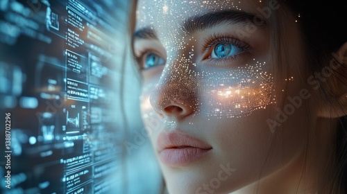 A futuristic dermatology clinic with an AI system generating real-time skin analysis reports on a large holographic display