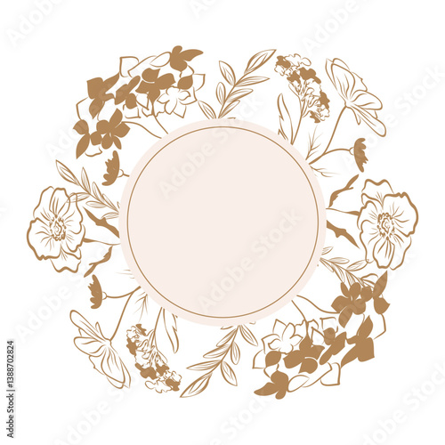 Vintage Hand-Drawn Floral Wreath with Delicate Flowers and Leaves in Soft Brown. Ideal for Wedding Invitations, Greeting Cards, Logos, Branding, and Elegant Decorative Designs