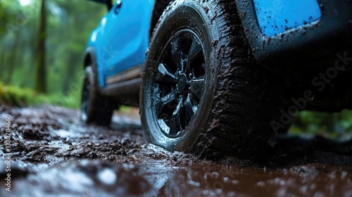 Wallpaper Mural SUV navigating muddy forest trail.  Close-up view of tire in deep mud Torontodigital.ca