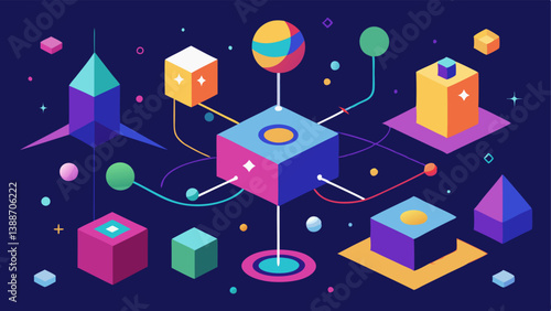 Quantum Virtual Reality An abstract representation of a virtual world created by qubits with colorful geometric shapes and forms within a digital landscape portraying the immersive