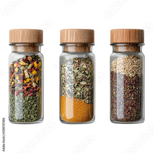 Isolated transparent png Colorful spices in glass jars with wooden lids.