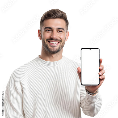 Smiling man in white sweater holding smartphone with blank screen