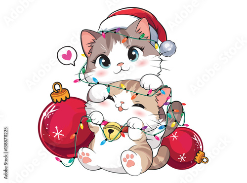 cute christmas kittens playing happily with lights, vector illustration. Design for printing on shirt, poster, banner. White text on pink background. Lovely print for t-shirt, christmas.