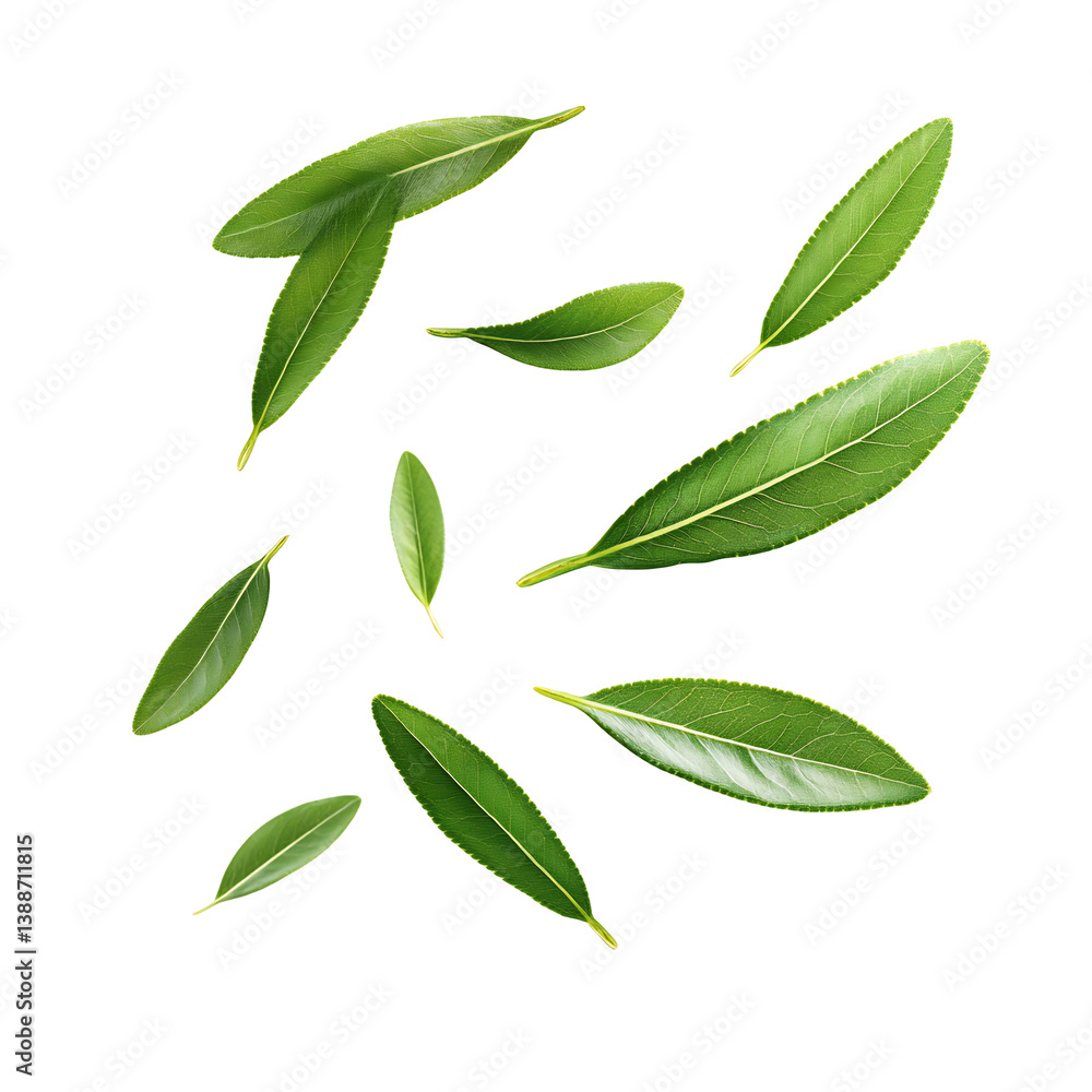 Green leaves gently floating white background vibrant fresh. AI Generated Green leaves gently floating white background vibrant fresh. AI Generated