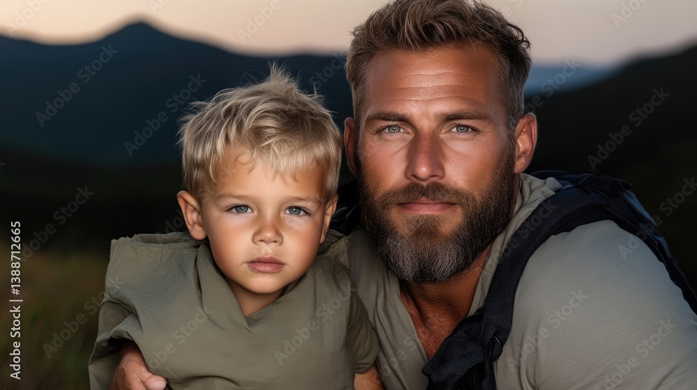 Fototapeta premium Father and son in nature, enjoying a moment