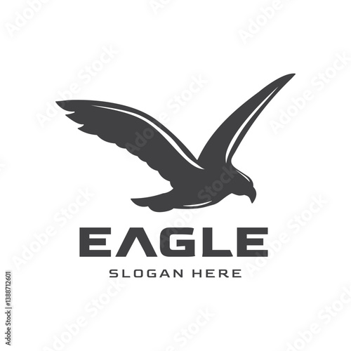 Black flying eagle silhouette design, perfect for logos, vector illustrations, or graphic elements themed around wild animals and freedom.
