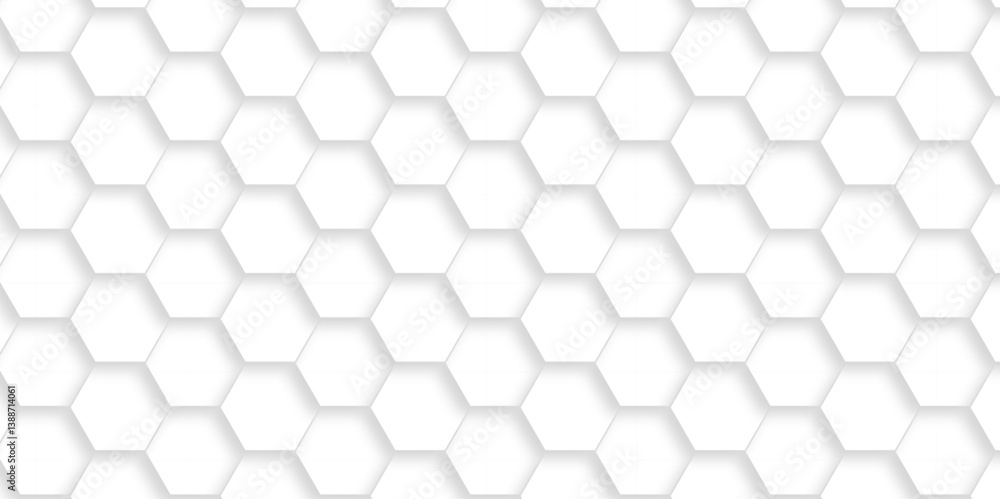 Fototapeta premium Abstract emboss white Hexagonal Background. Luxury White Pattern. Vector Futuristic minimal honeycomb mosaic white background. geometric mesh cell texture. modern futuristic wallpaper.