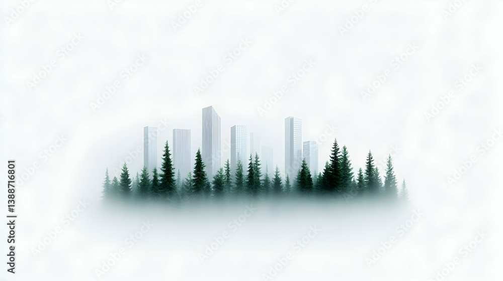 Modern City Skyline Emerging from Foggy Forest Modern City Skyline Emerging from Foggy Forest
