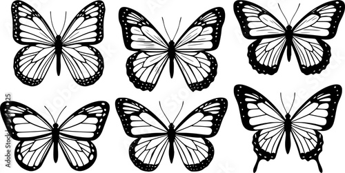 Set of contours of  monarch butterflies with different wings isolated on a white background. Vector silhouette of butterfly is perfect for patriot sticker, icon and decoration design
