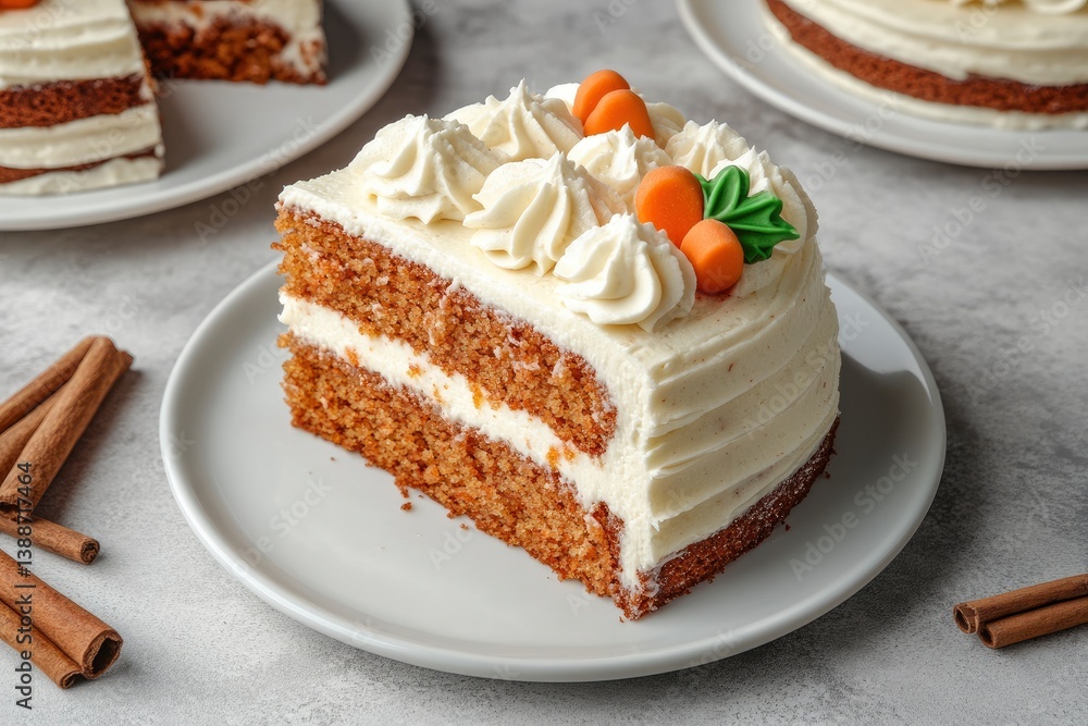 Serving of Delicious Carrot Cake with Cream Cheese Frosting and Cinnamon Serving of Delicious Carrot Cake with Cream Cheese Frosting and Cinnamon
