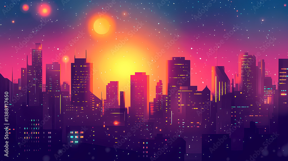 Fototapeta premium Retro city illuminated by a celestial body or energy source. Celestial Vanish. Illustration