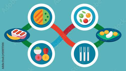 DNA Helix and Food Plates A DNA double helix is intertwined with various food plates symbolizing the connection between genetics and personalized nutrition choices.