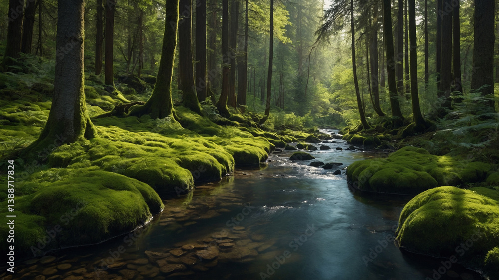Fototapeta premium Peaceful Forest with Clear Stream and Lush Greenery