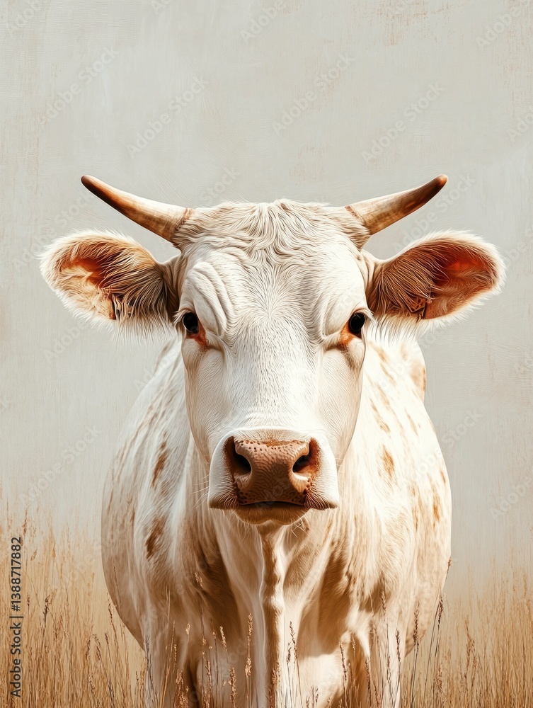 Close-up Portrait of a White Cow with Horns Standing in Grass Close-up Portrait of a White Cow with Horns Standing in Grass