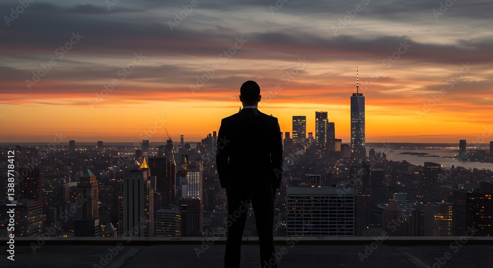 A businessman looks out over the city skyline at sunset. Man silhouette facing New York City, people reaching goals, having a vision, never give up concept A businessman looks out over the city skyline at sunset. Man silhouette facing New York City, people reaching goals, having a vision, never give up concept