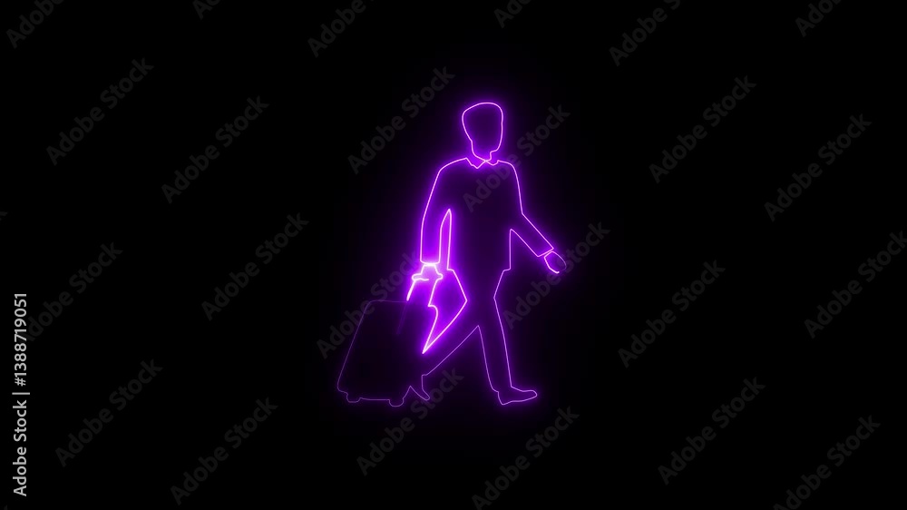Animation of neon businessman walking with suitcase on black background Animation of neon businessman walking with suitcase on black background