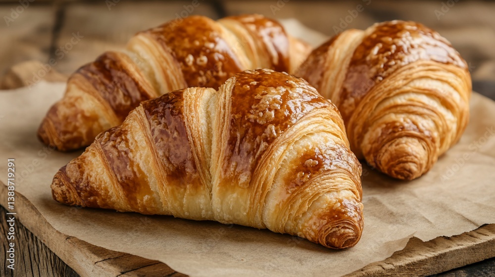 Golden Brown Croissants on Rustic Wooden Board Golden Brown Croissants on Rustic Wooden Board