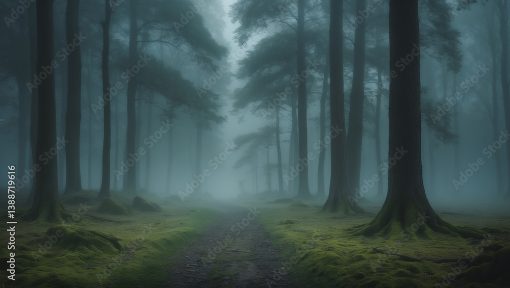 Mystical Forest with Morning Fog and Tall Trees Mystical Forest with Morning Fog and Tall Trees