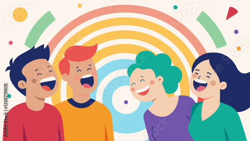 Laughter Ripple A group of friends in a park with one person laughing out loud. Vibrant sound waves in colorful circles expand outward causing others to join in the laughter.