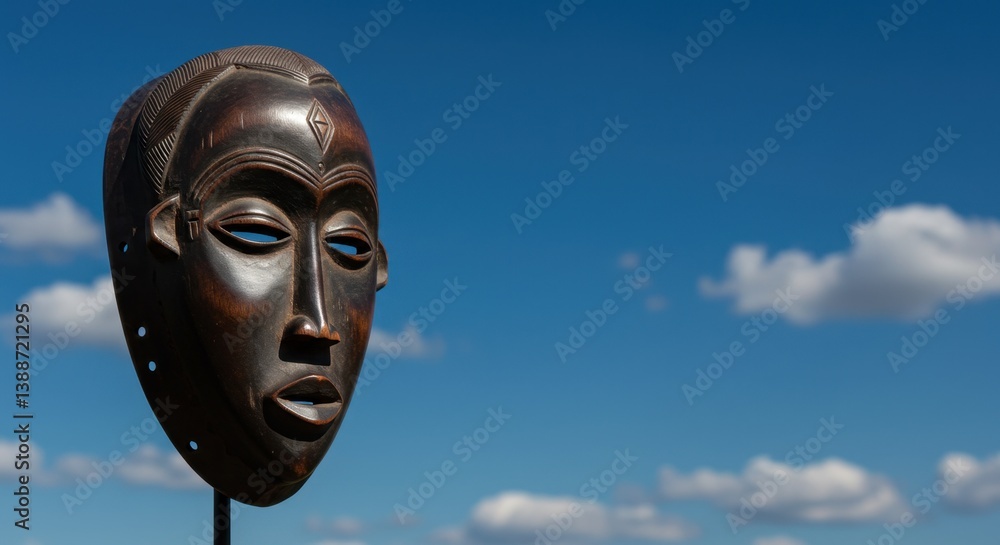Authentic African Wooden Mask Against a Vivid Blue Sky with Fluffy Clouds A Stunning Piece of Tribal Art Authentic African Wooden Mask Against a Vivid Blue Sky with Fluffy Clouds A Stunning Piece of Tribal Art