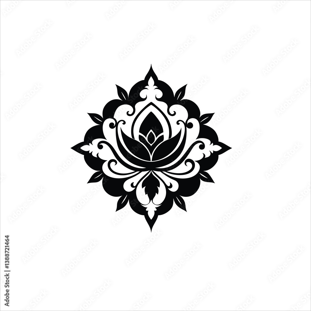 A symmetrical black floral design with leaves and swirls on a white background A symmetrical black floral design with leaves and swirls on a white background