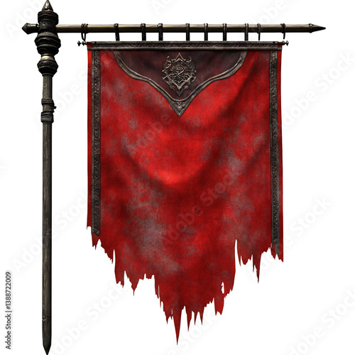 Crimson battle flag hangs tattered on aged wood pole dramatic lighting reveals rich texture and detail.. AI Generated