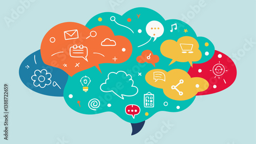 Crowd of Ideas An artistic rendition of a cloud made of colorful speech bubbles filled with sketches and keywords symbolizing the pool of innovative ideas sourced from the