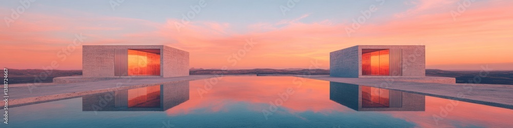 Fototapeta premium Minimalist Brutalist Architecture Symmetrical Concrete Structures Reflecting Golden Hour Sunset - Innovative Urban Design Meets Sensory Spatial Experience