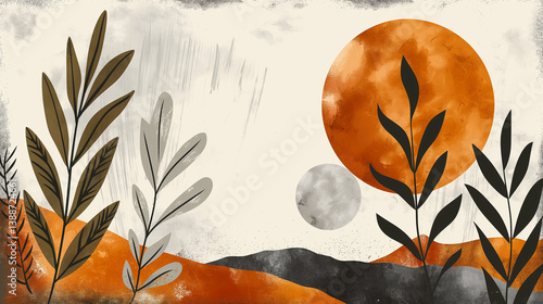 Minimalist Nature Design: A Geometric Composition of Mountains, Sun, and Foliage for Modern Aesthetic Appeal.