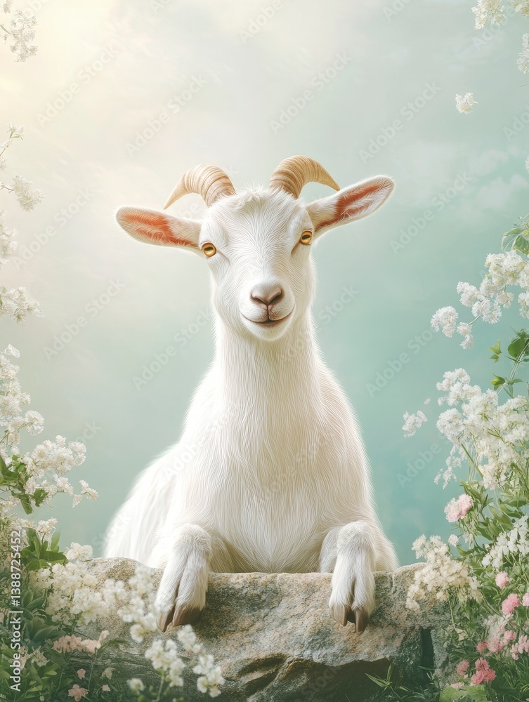 Fototapeta premium Smiling White Goat Portrait with Flowers Nature Background Farm Animal