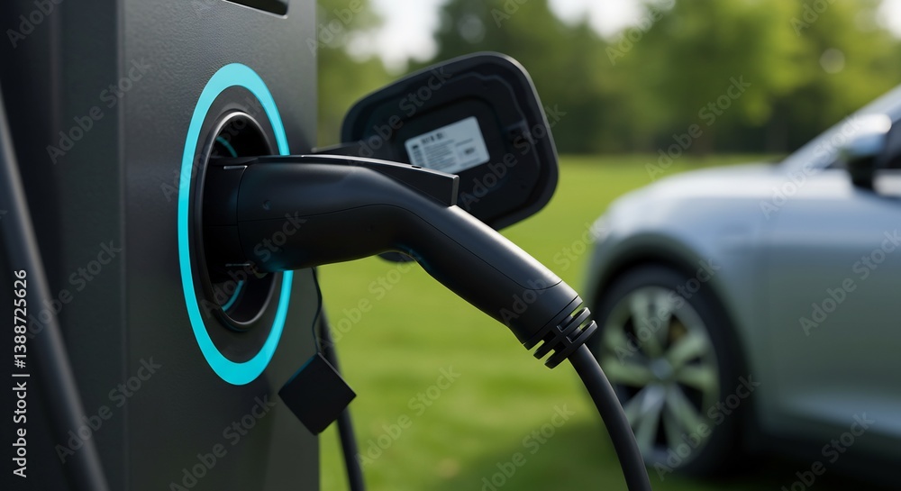 Electric Vehicle Charging Station with Plug Connected to Car in Green Nature Setting Electric Vehicle Charging Station with Plug Connected to Car in Green Nature Setting