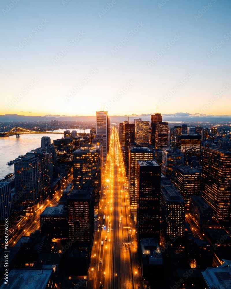Fototapeta premium Urban Luminescence Golden Hour Montreal Cityscape - Immersive Digital Tourism Experience Showcasing Vibrant Metropolitan Connectivity and Architectural Innovation